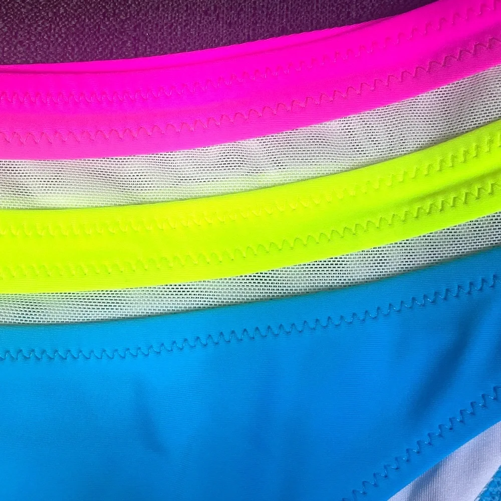 POPVIL Swim Bikini Bottom High Leg Waist Neon Turquoise Pink Yellow Med NEW NWT